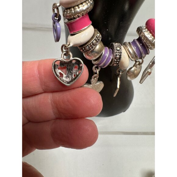 Silver Charm Bracelet Pink Purple Accents Heart Bag Pendants Design Womens - Picture 7 of 14